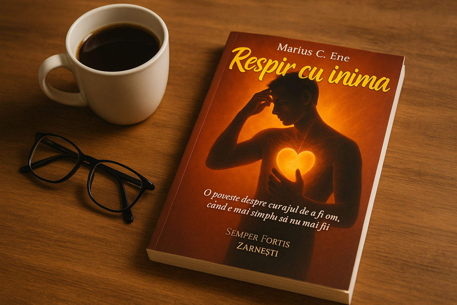 Cartea Respir cu inima, de Marius C. Ene, alături de o ceașcă de cafea și o pereche de ochelari